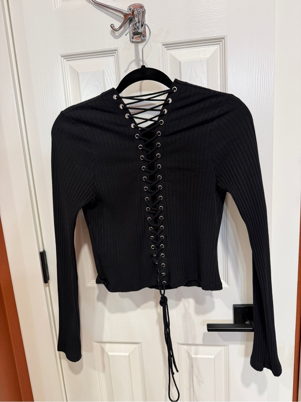 Lush Ribbed Lace-Up Long-Sleeve Top - Black
